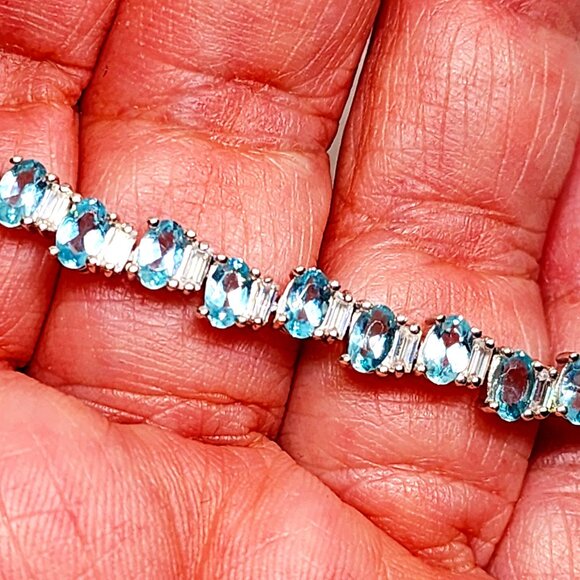 Madagascar Blue Apatite & Moissanite wave tennis bracelet in Rhodium/925SS 7.25" - Picture 2 of 5
